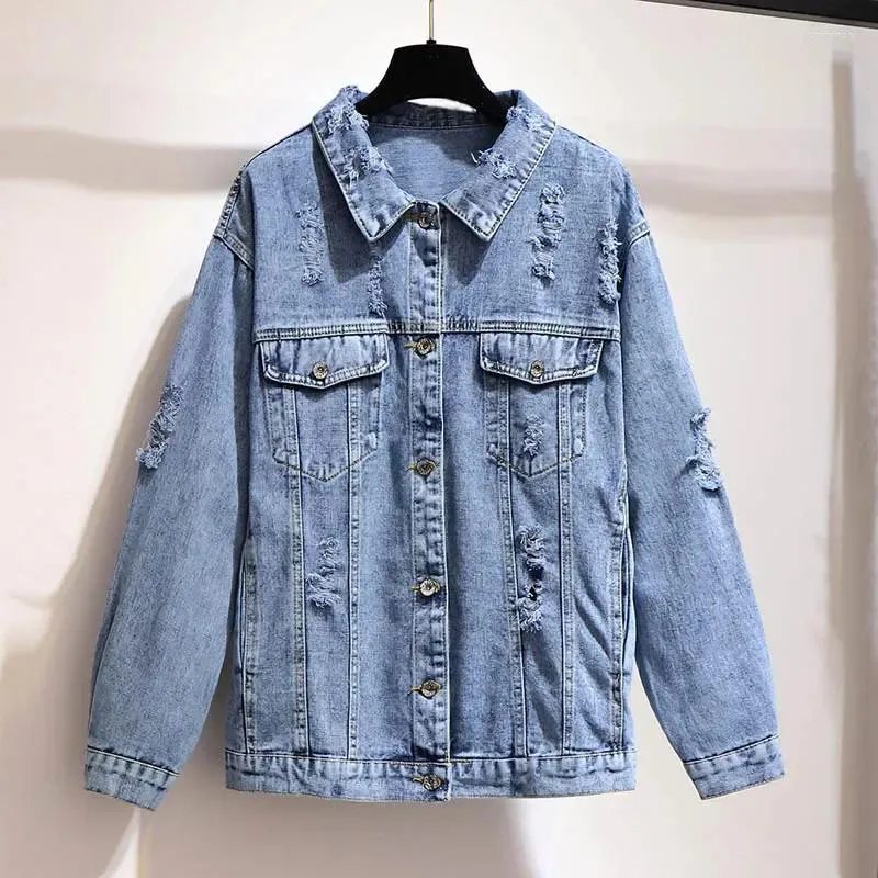 Work Dresses 150Kg Plus Size Women's Spring Autumn Ripped Denim Jacket Bust 155cm 6XL 7XL 8XL 9XL 10XL Loose Long-Sleeved Coat Black Blue