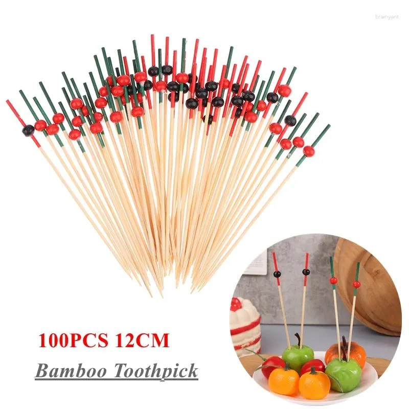 Forks 100pcs 12cm Bamboo Toothpicks Pick Buffet Cupcake Fruit Fork Party Dessert Salad Stick Cocktail Skewer For Wedding