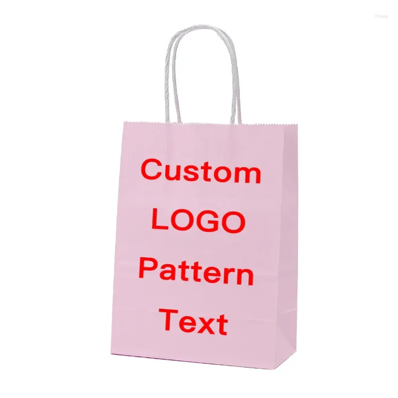 Gift Wrap Kraft Paper Bag Custom Portable Printing LOGO Packaging Takeout Pink Shopping Red