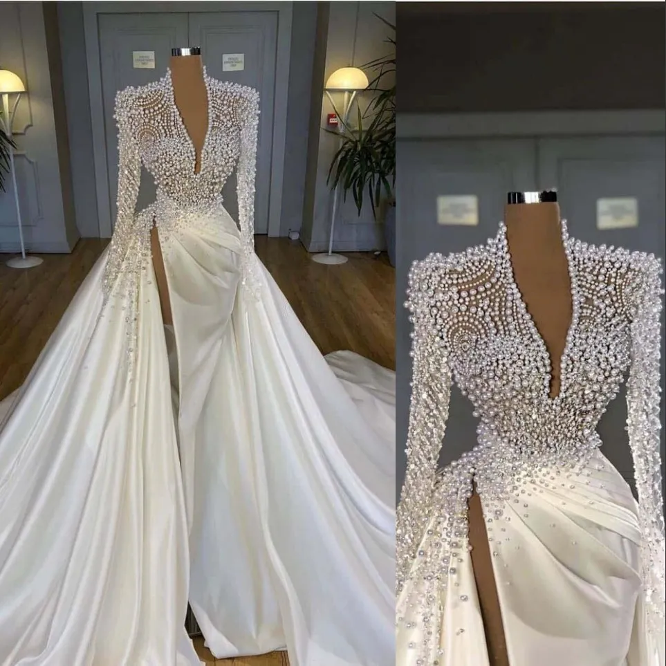 2022 Luxury Bling Sirène Roches de mariée Deep V illusion du cou Perles Crystal High Side Split Arabe Satin Bridal Bridal Robe de Mariee 279m