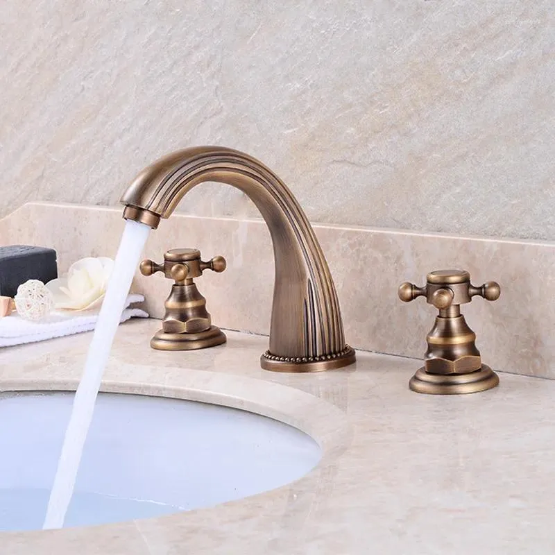 Banyo lavabo muslukları antika pirinç havza mikseri musluk çift kolları musluk 3 adet set