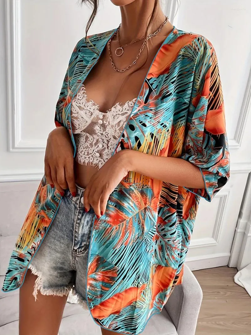 Large Plus Size Print Beach Cover Up Short Sleeve One Piece Kimono Women Swimwear Female Bathing Suit Beachwear Swimming