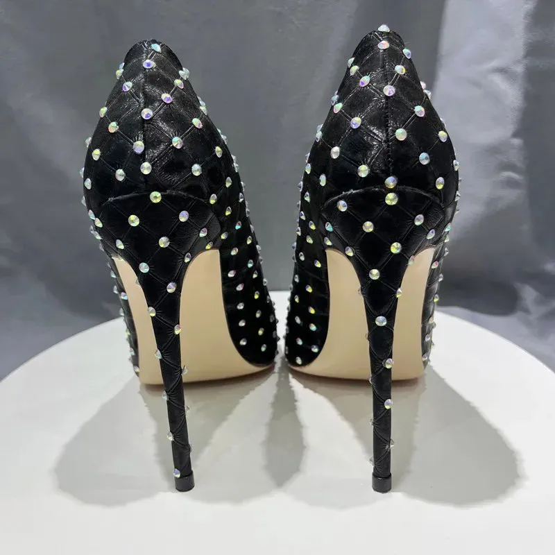 Fashion Crystal Cover Sexy Women'S High Heels 12Cm 10Cm8 Cm Pointed High Heels Nails Rivets Party Shoes Woman 33-45