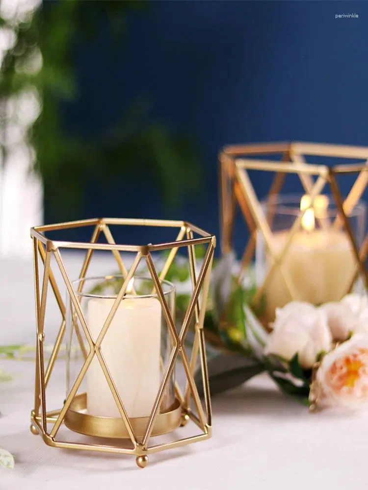 Candle Holders Golden Holder Ornaments Windproof Cup Geometric Shape Candlestick Wedding Home Decoration Craft Candelabra Gift
