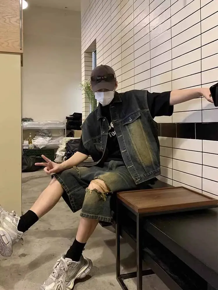 【Anyone more】Mob Raw Denim Sleeveless Set-Up Harajuku High Street Retro set denim for Men - Sleeveless