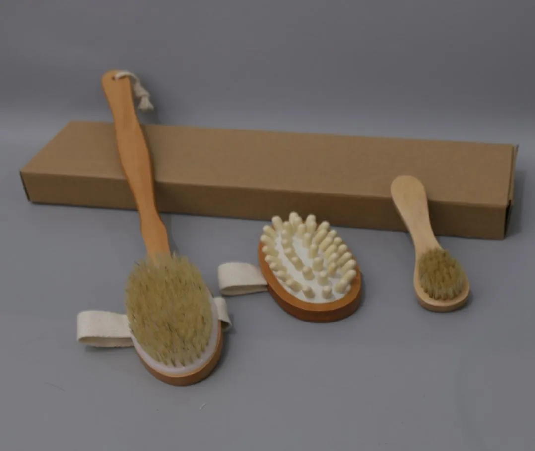 3pcsset Bath Brush Set Dry Skin Body Soft Natural Bristle Brush Wooden Bath Shower Brushes SPA Body Brush With Removable Handle D1231509