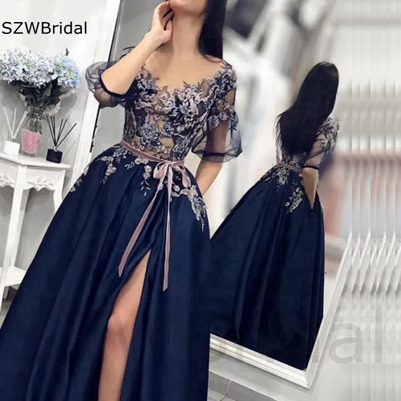 Party Dresses Arrival Navy Blue Embroidery Satin Evening Long Abiye Sexy Split Lace Gown With Pockets