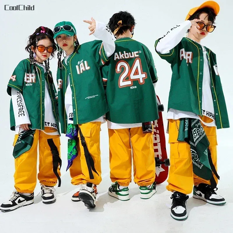 Hip Hop Boys Fashion Baseball Jacket Solid Cargo Pants Girls Cool Streetwear Children Jazz Clothes Set Kids Street Dance Costume 240508