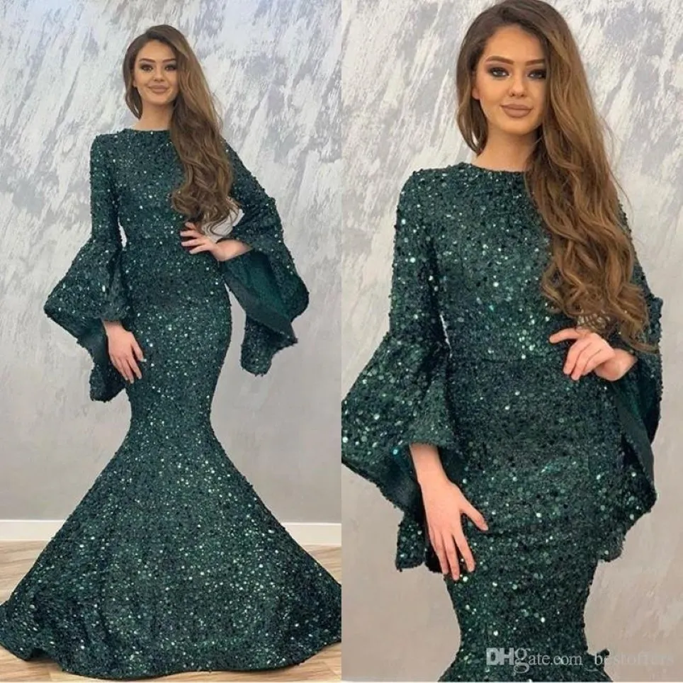 2020 Robes de soirée de sirène vert foncé paillettes à manches longues Robes de bal pour Dubaï Femmes Ousue Forme Robes de bal Vestido de Fiesta Abendkl 337T