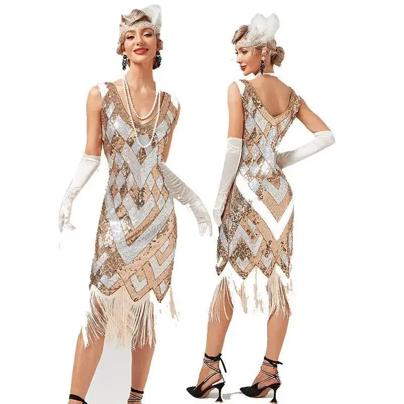 Design Women 1920s Vintage Big Vneck Flapper Fringe Pärled Great Gatsby Party Cocktail Dress Plus Size S3XL 240508