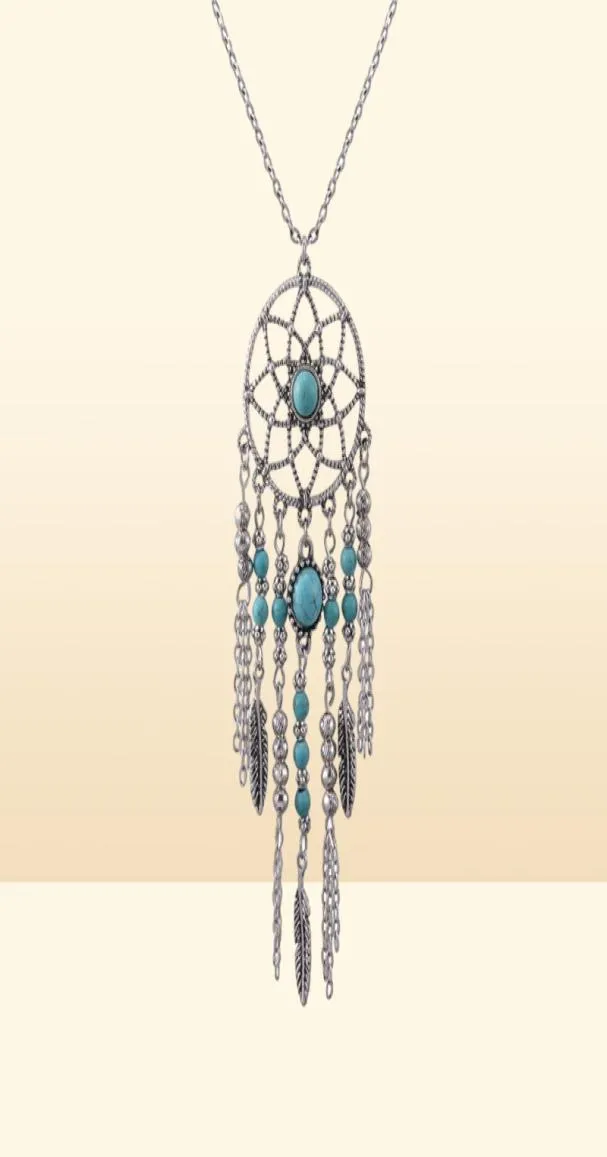 Vintage Dream Catcher Necklace Tassel Feather Turquoise Bohemian Style Long Sweater Chain Charm Jewely Xmas Gifts 12pcs21021463393