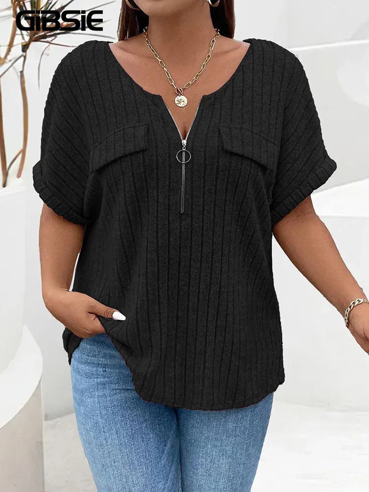 GIBSIE Plus Size Solid ORing Zip Front T Shirt for Women Summer 2024 ONeck Short Sleeve Rib Knit Casual Tees Tops Female 240426