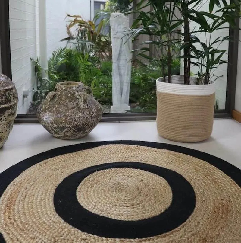Carpets Rugs 120cm Jute Carpet Hand Braided Round Reversible Floor Mat Home Decor Modern Living Area