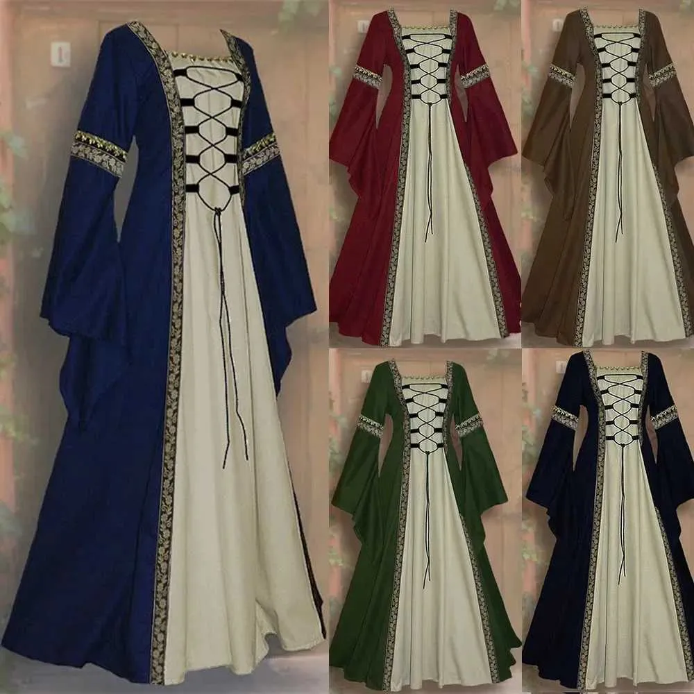 Roupas étnicas meninas de decote quadrado europeias Mangas de chama Gothic Retro Vestido Medieval Dress Medieval Medieval Grande 4xl 5xll2405