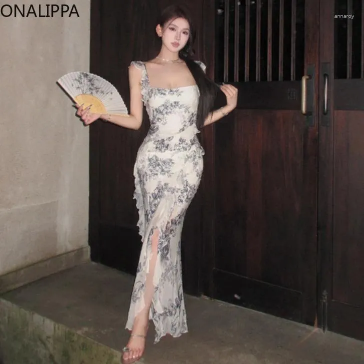Vestidos casuais Onalippa Multi Buffles Split Dress for Women Women Vintage Printing Hip Maxi Corean Square Collar