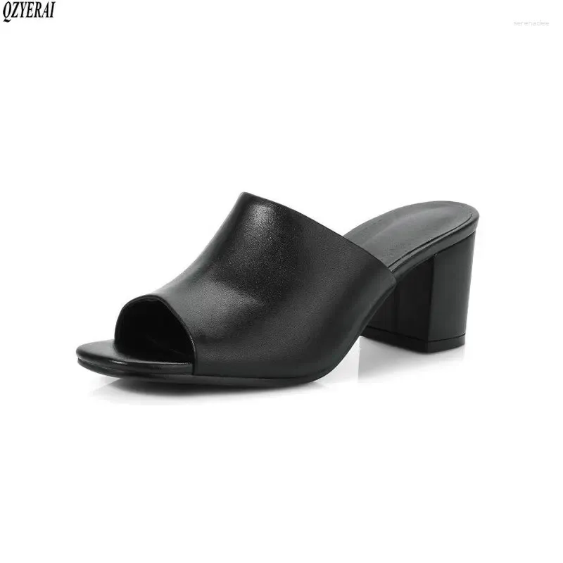 Pantoufles authentiques cuir en cuir européen style féminin 5,5 cm à talon moyen poisson bouche sandales chaussures taille 34-41