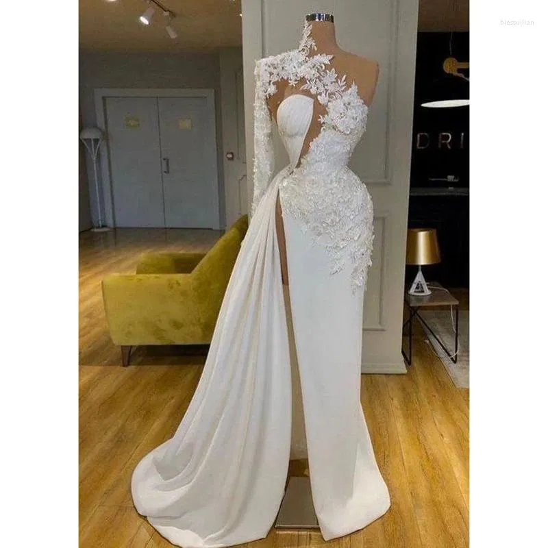 Party Dresses Ksdn Gorgeous White Evening Dress One-Shulder Applices Split Floor Length Sweep Train Luxury Prom Gown Elegant Women