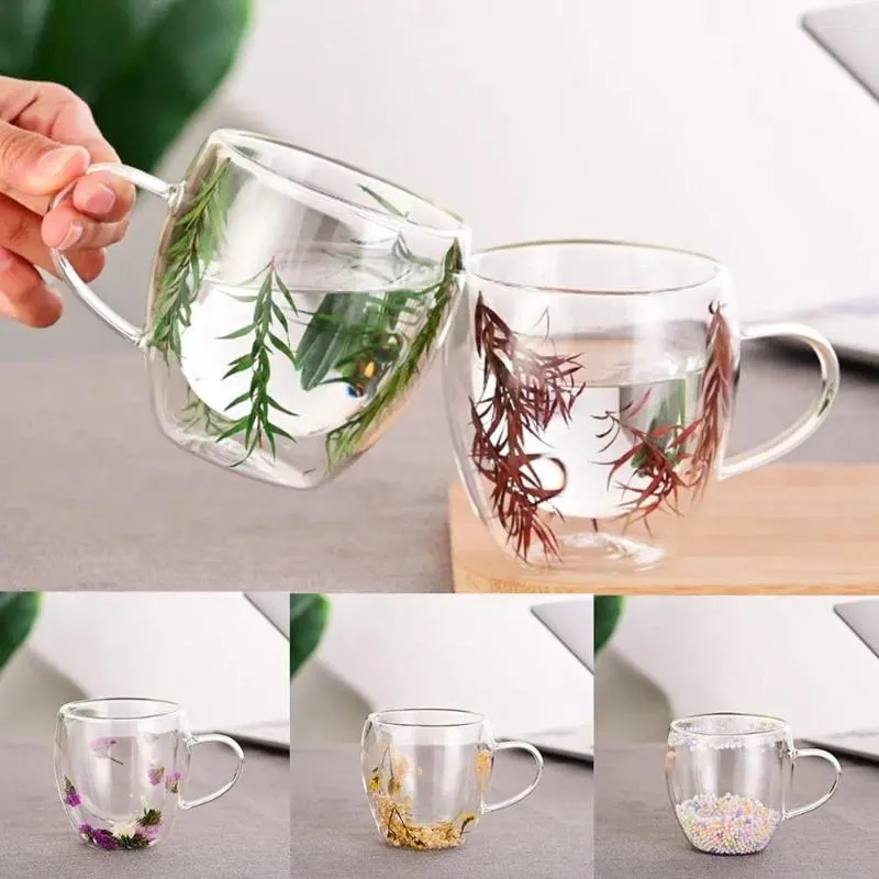 Verres à vin Double mur de verre Création avec des poignées Tasse résistante à la chaleur de fleur de fleur séchée