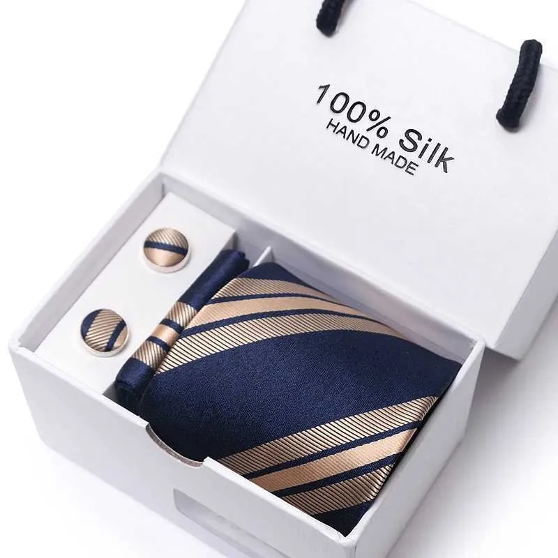 Boyun kravat seti yüksek kaliteli ipek jakard düğün hediye kravat cep kareleri erkekler için set katı mavi kravat kutusu takım aksesuarları fit iş