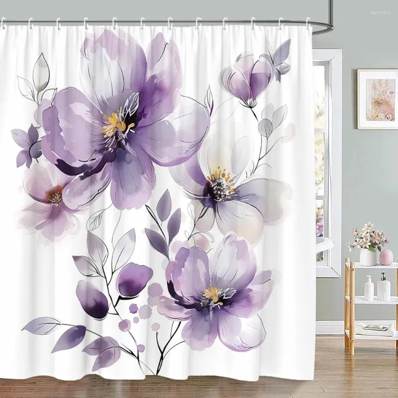 Shower Curtains Watercolor Pink Purple Floral Curtain Greens Botanical Butterfly Farm Modern Spring Vine Polyester Bathroom Decor