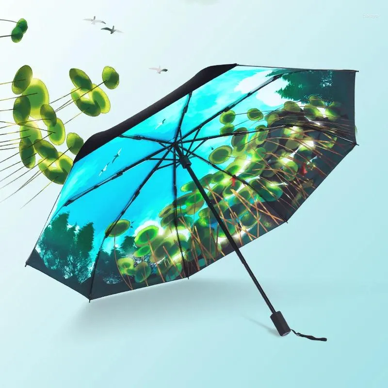 Parapluies Lake View trois pliages parapluie pliant voyage pastoral Small Fresh Black Rubber Protection solaire pour les hommes et les femmes