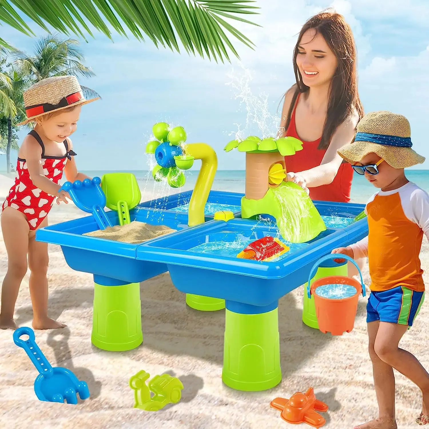 Childrens 4-in-1 tragbarer Wasserspieltisch Strandspielzeug mit 24 Sensoren Aktivität Splash Table Toys 240509