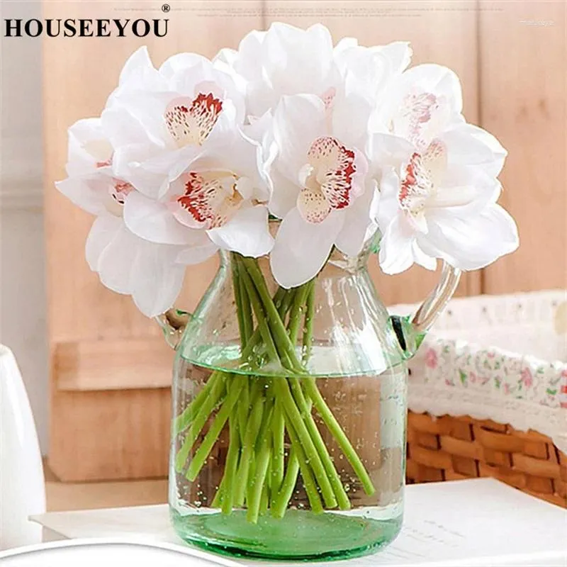 Flores decorativas 6pcs/lot simulação cymbidium bando artificial decoração home shop janela exibição pografia de casamento ornamentos