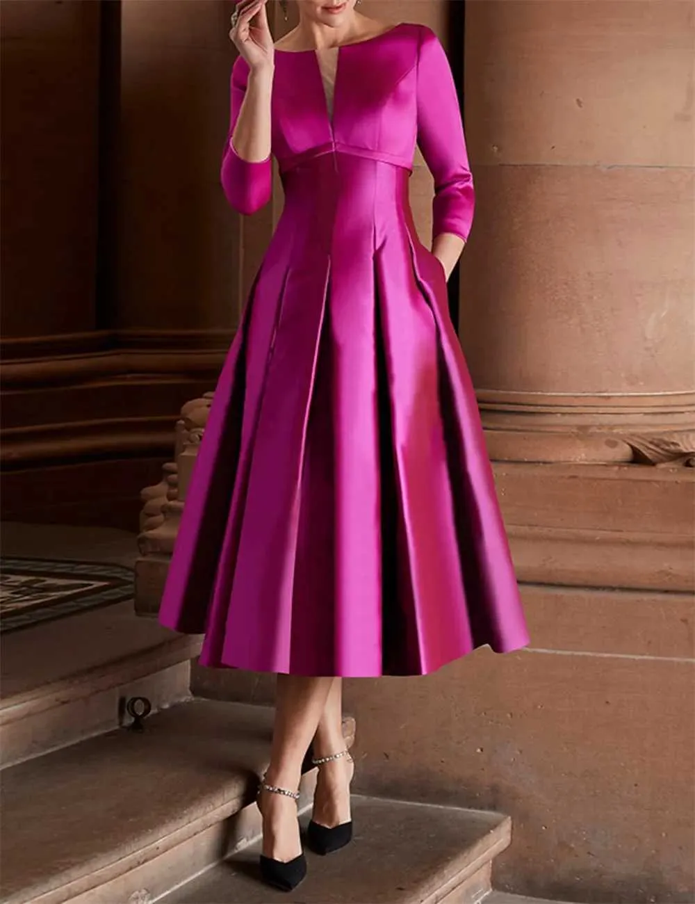 Runway Dresses Elegant A-Line womens cocktail dress minimalist formal occasion dress 3/4 long sleeves tea length solid satin pleatsL2405