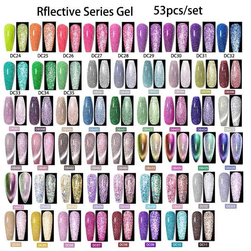 Nagelkunst -Kits 60/30 Farbgelnagellack Set Reflektierende Glitzer Gel halb dauerhaft Lack einweichen UV Gel Primer Nagelkunst Set T240510
