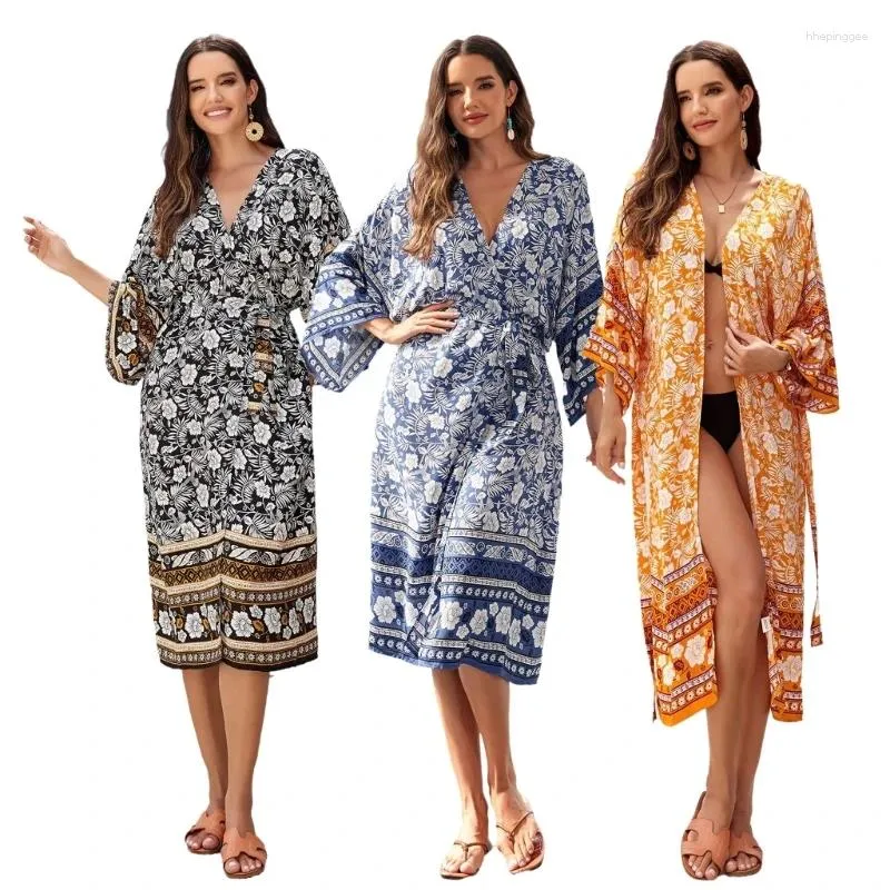 Femmes Summer à manches longues Kimono Couvre de maillot de bain Vintage Fleur ouverte Front Lot Cardigans Châle Robe de plage avec ceinture