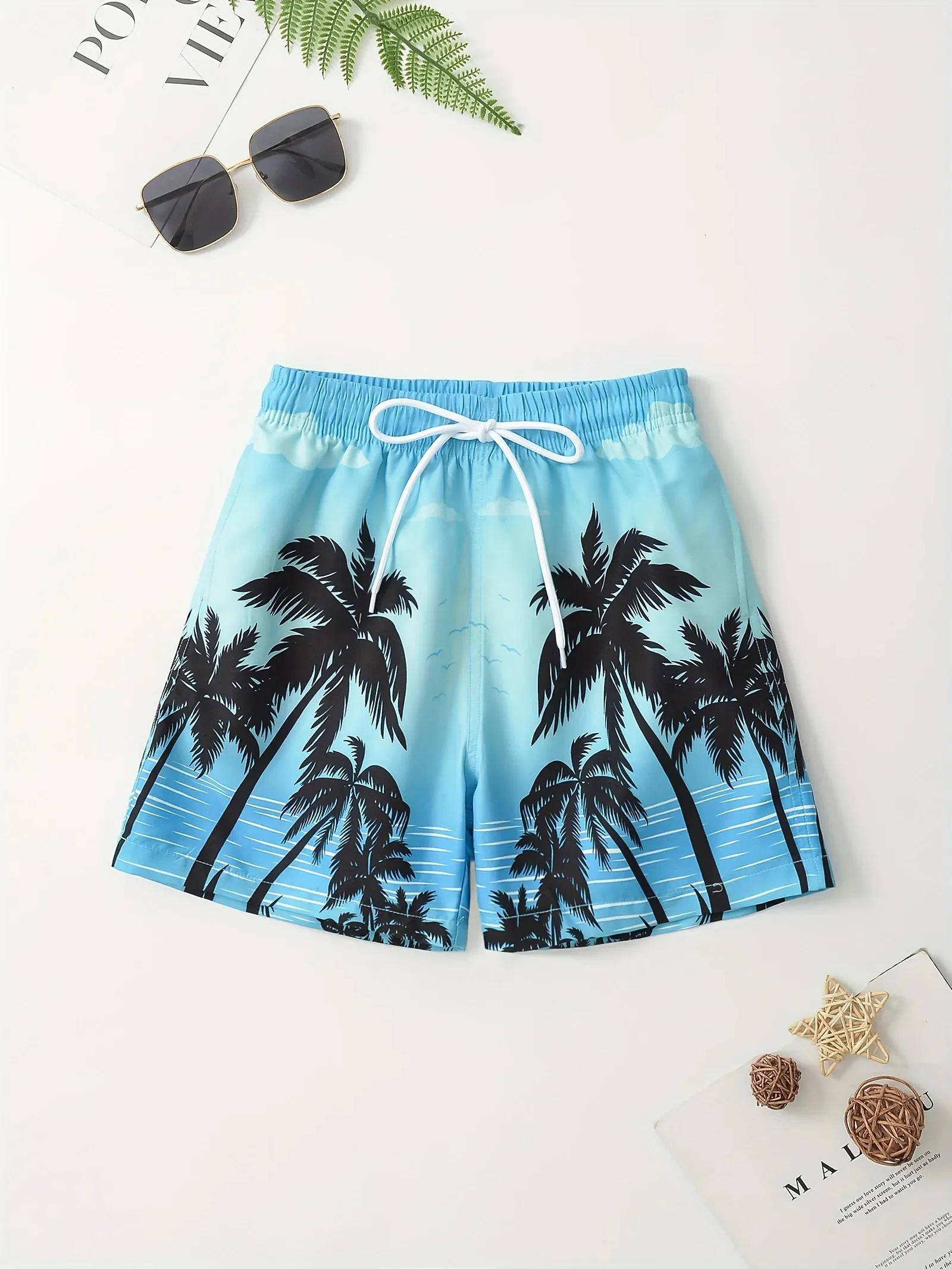 Kids Cartoon Coconut Tree Tropical Plant Plant Match Trunks For Boys Elastic Wash Beach Shortwwear Summer Boys Shorts 240510