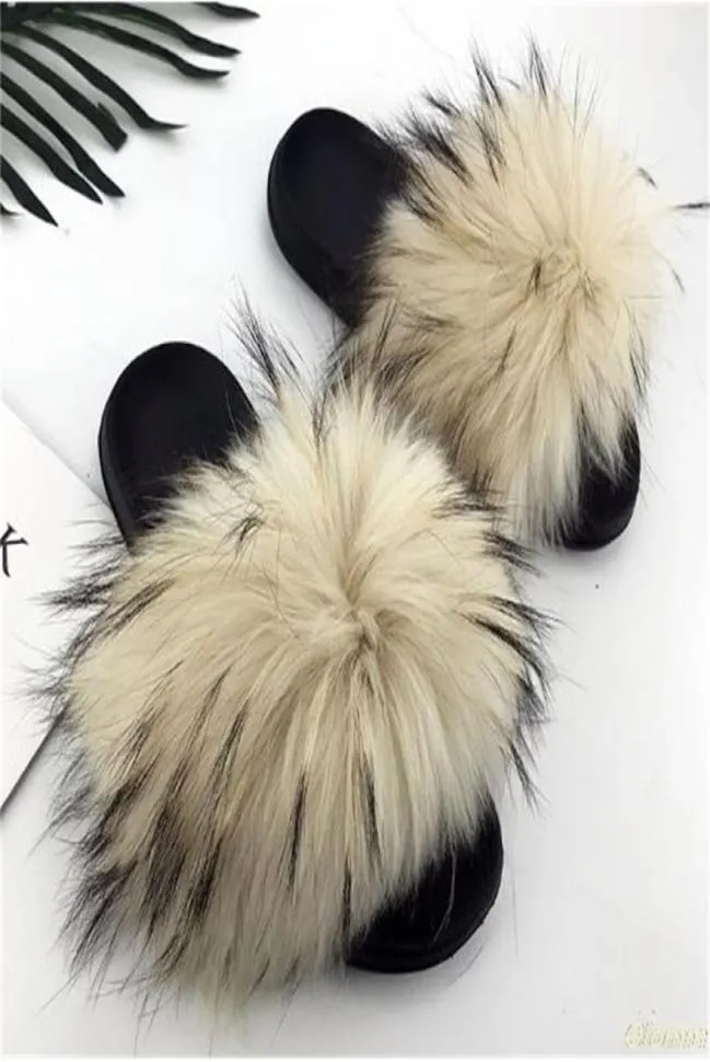 Real Ratcoon Slippers Femmes Sliders Casual Fox Hair Flat Y Fashion Home Summer Big Size 45 Ry tong Flops Shoes Y2004239030650