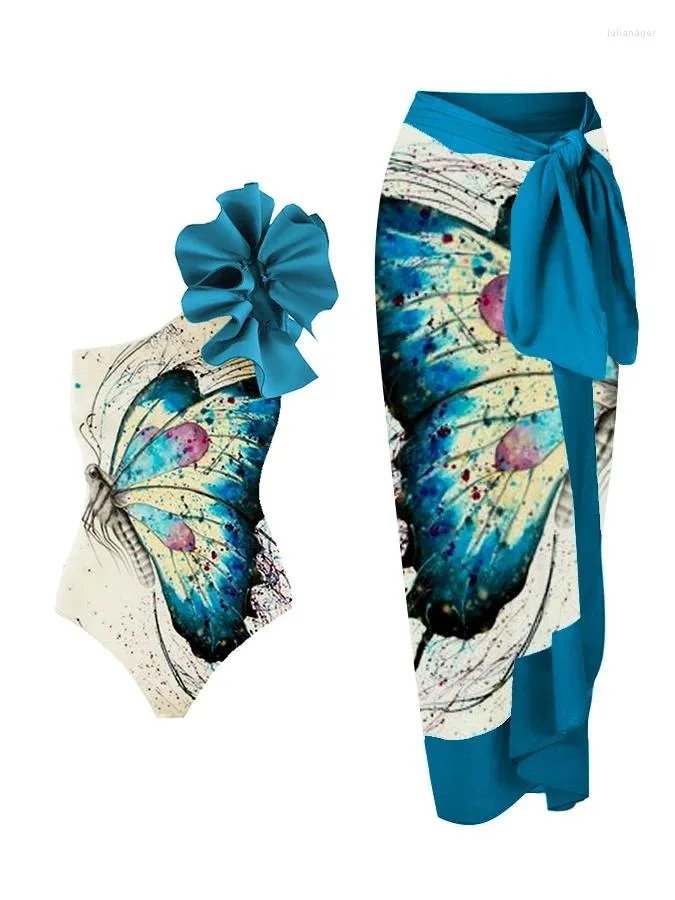 Swimons de maillots de bain pour femmes Blue Fashion Butterfly One épaule Design asymétrique en trois dimensions de décoration florale
