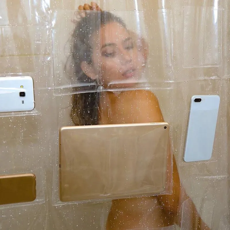 Rideaux de douche rideau de salle de bain support de tablette de téléphone multifonctionnel transparent avec des appareils à écran tactile de poche