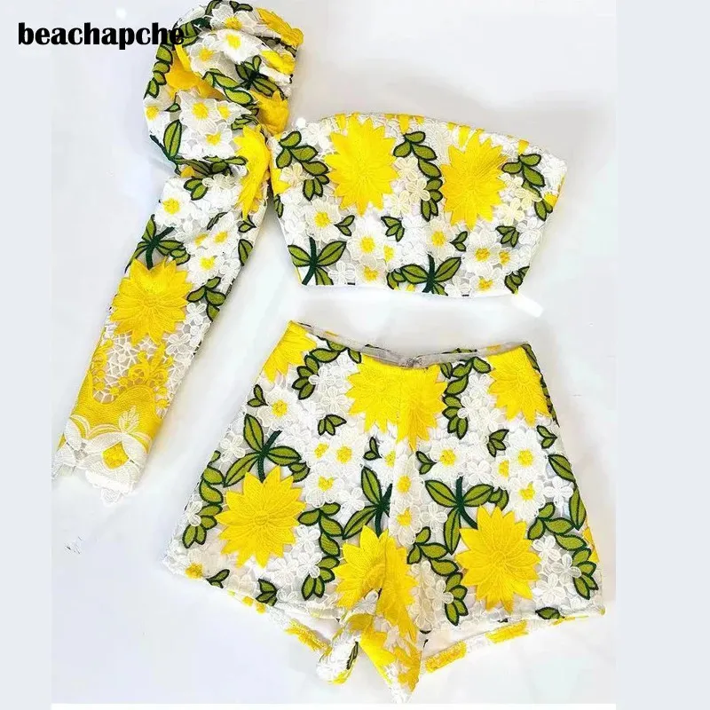 Beachapche Lace Duff Sleeve Top Short Sets Yellow OneSholder Vest Shorts Two Piece Set Club Outfit Women Hollow out Sexy 240508