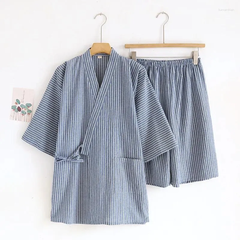 Home Clothing Japanese Tie Up Kimono Robes Pajamas Set For Men's Striped Cotton Loose Summer Thin Short Sleeved Shorts Clothes Men