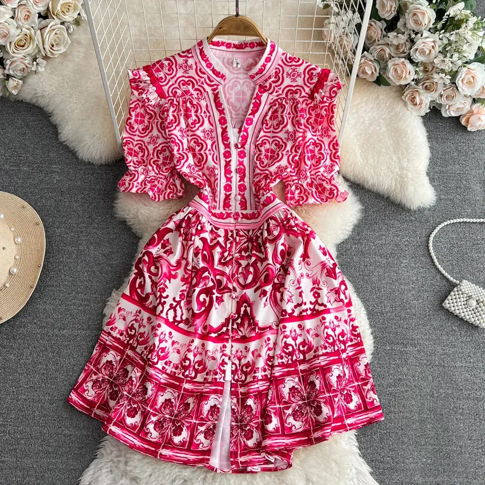 Jamerary Runway Red Blue White Porcelain Floral Mini Dress Women Short Sleeve Single Breasted Vintage Holiday Robe Party Vestido 240510