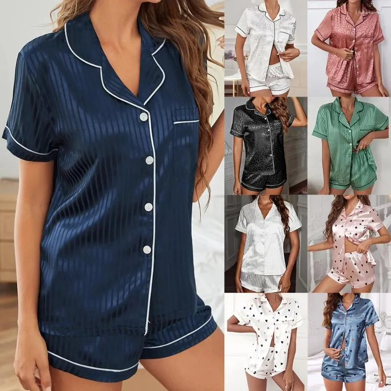 Frauen Nachtwäsche Zwei Sätze Nachahmung Seidenpyjamas Hauskleidung Turndown Kragen Pyjama Pour Femme Dessous Button T-Shirt Elastic Taille