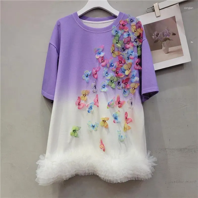 Camisetas femininas de verão Mulheres 3D Flores de borboleta Flores de fio diamantes Diamantes de miçam gradiente colorida malha de malha de babados shinestones tees salters colhere