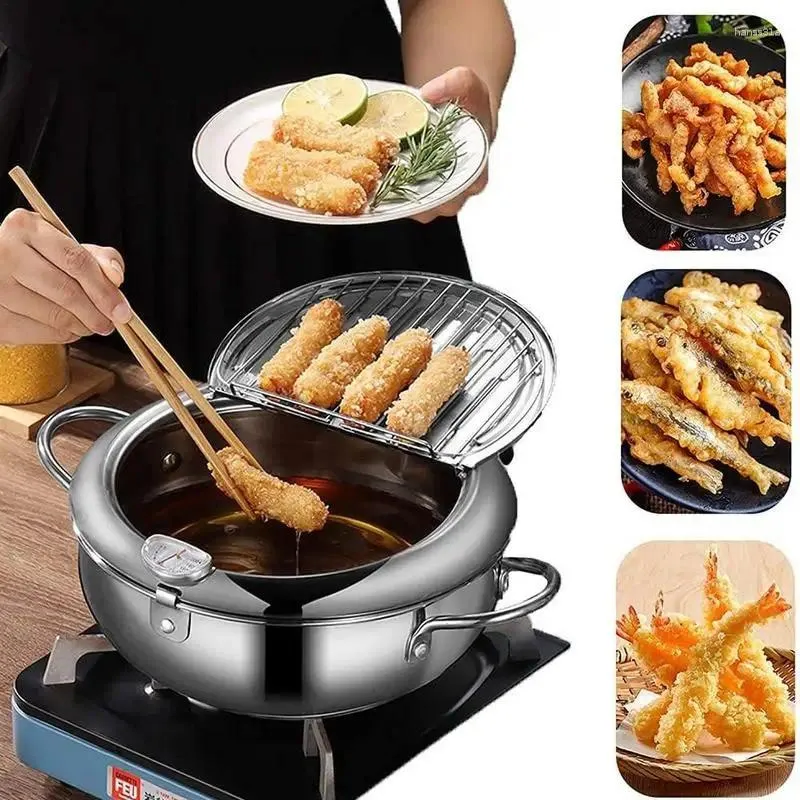 Pans Japanese Deep Fryer Stainless Steel Kitchen Tempura Pan Oil French Fries Frying With Draining Rack