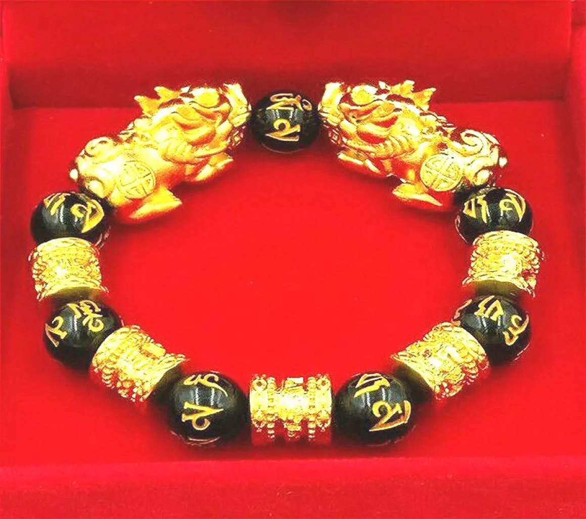 Feng Shui Obsidian Stone Beads Braceter Men Men Women Unisex Wristband Gold Black Pixiu Welce