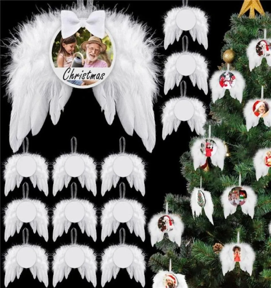 UPS Transferência de calor Angel Wings Ornamento Decoração de Natal Feathers Pingnder Round Aluminium Sheet Diy Christmas Tree pendurado Tag8360741