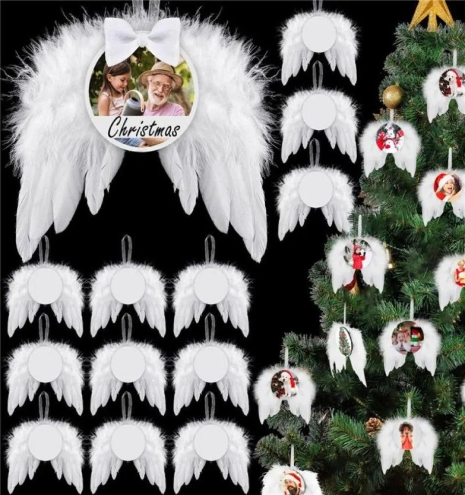 UPS Warmteoverdracht Angel Wings Ornament Christmas Decoratie Veren Hanger Round Aluminium Sheet Diy Christmas Tree Hanging Tag8360741