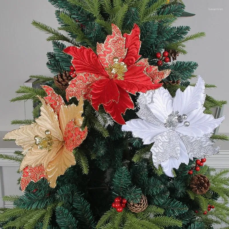 Decorative Flowers Glitter Powder Artificial Christmas Flower Tree Decoration Ornaments Diy Wreath Accessories Home Party Wedding Decor