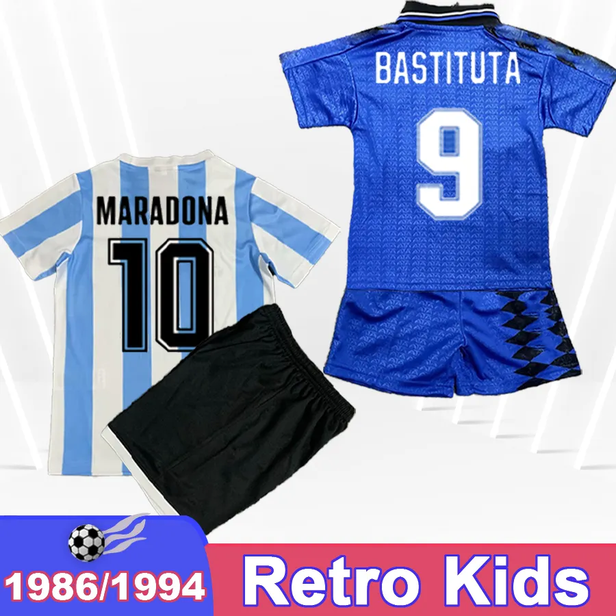 1994 Argentina Kids Kit Soccer Jerseys 1986 Batistuta Maradona Home Away Blue Białe koszule piłkarskie mundury krótkie rękawy