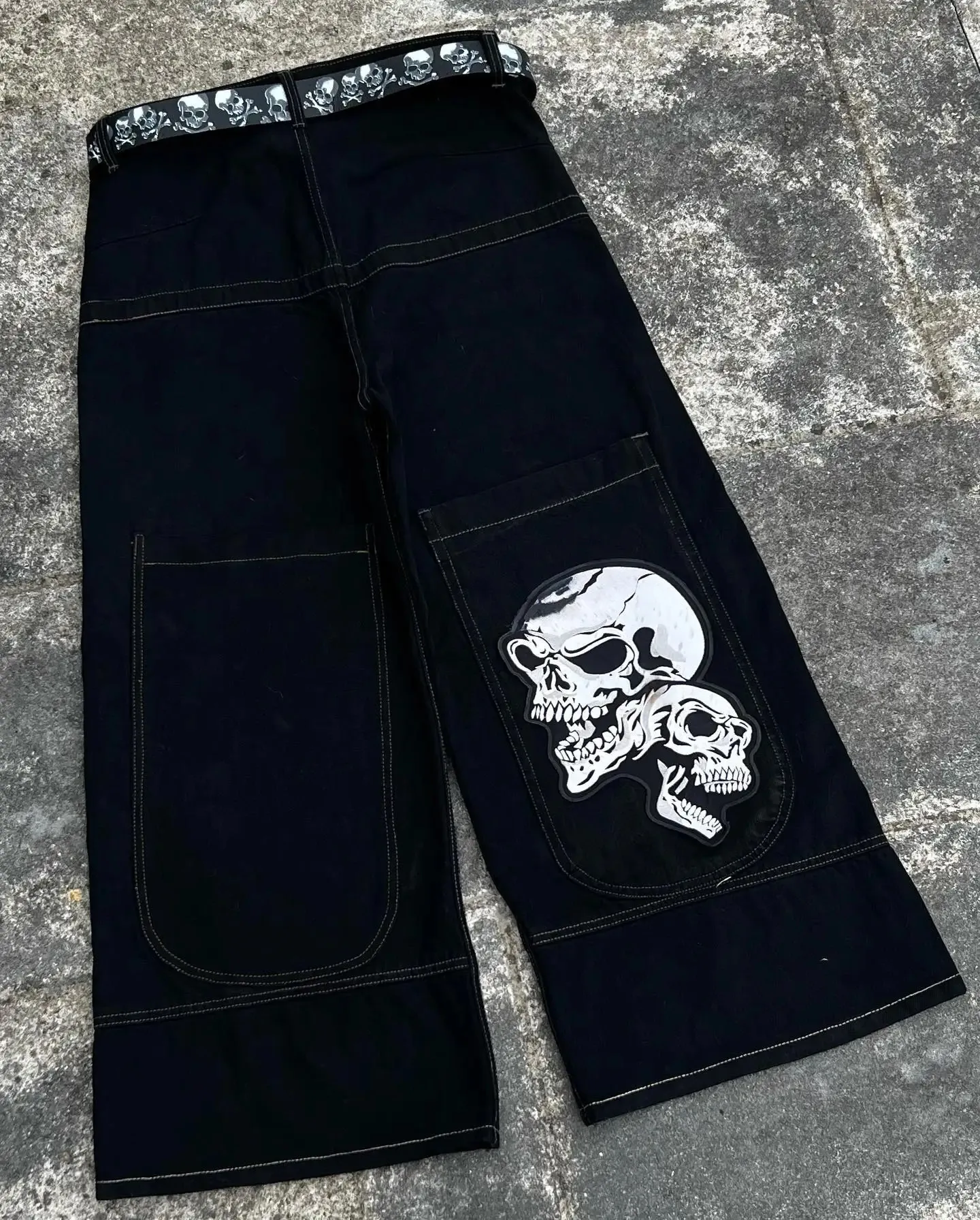 Jeans Men Hip Hop Punk Skull Print Baggy Y2K Baixa perna larga Denim calças Harajuku Calças casuais pretas Logo Goth Streetwear 240429