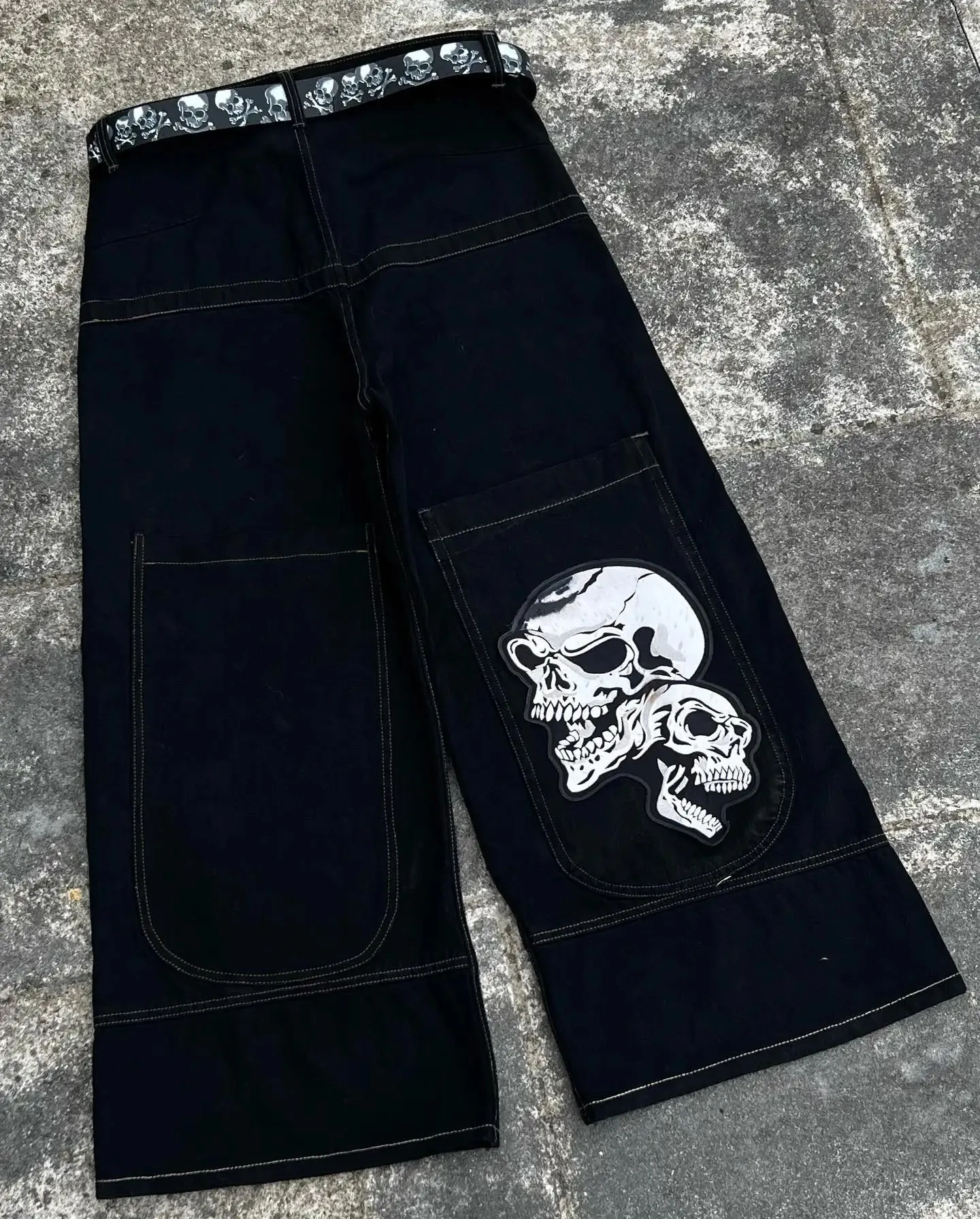 Mens Loose Fit Low Rise Skull Print Baggy Denim Jeans Midweight