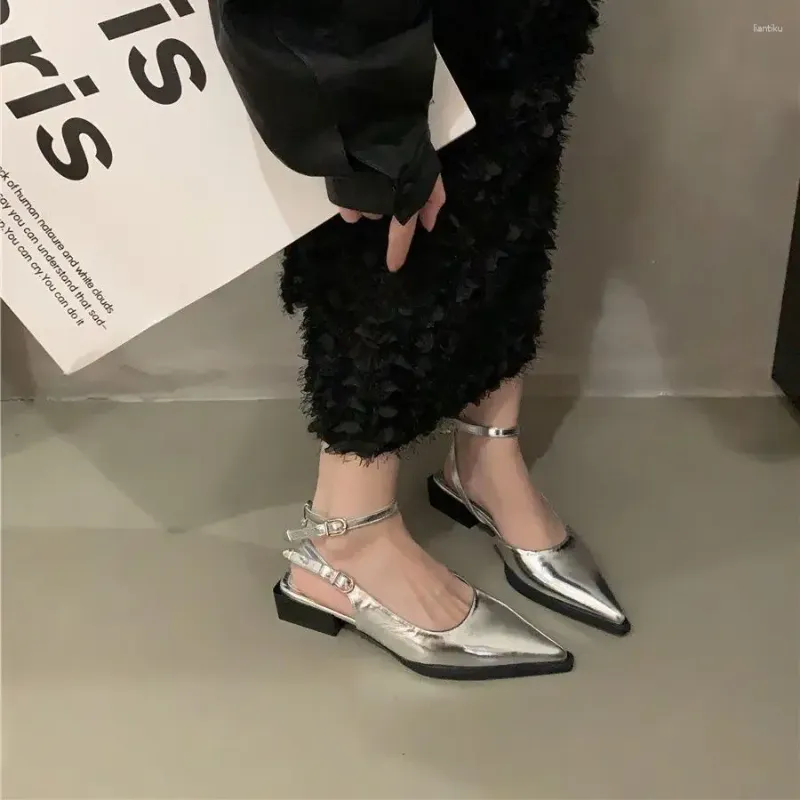 Повседневная обувь заостренная ножка серебряной блок каблука сексуальная женская обувь для офисных работ лето 2024 г.