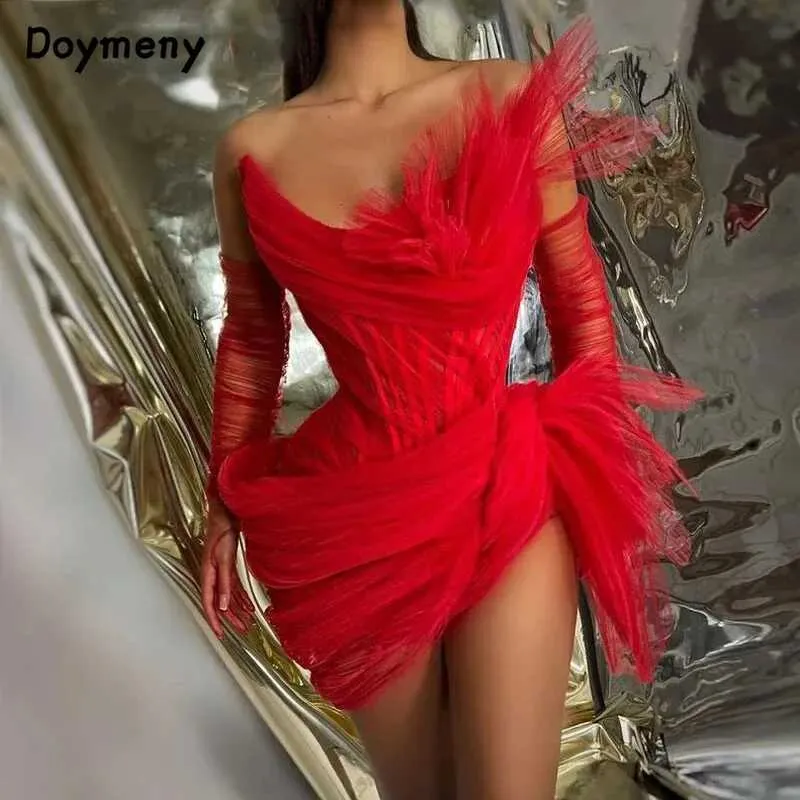Runway -jurken Doymeny geplooide cocktailjurk met afneembare handschoenen geplooide zoom strapless korte rok dames maxi jurk verjaardagsfeestjes