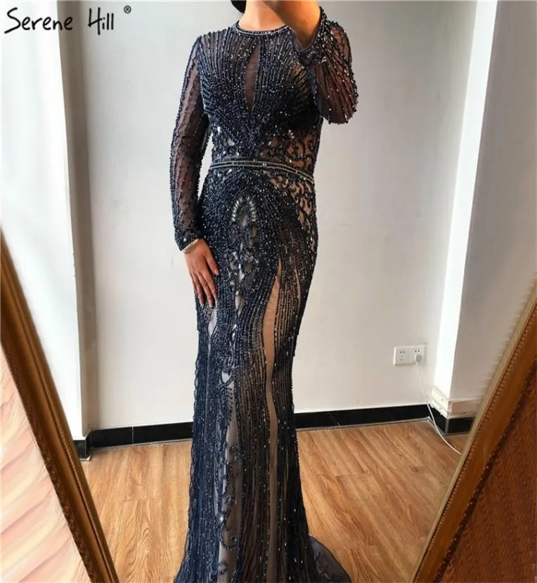 Dubai Long Sleeves Grey Luxury Evening Dresses ONeck Full Diamond Mermaid Formal Dress Serene Hill Plus Size LJ2012249241383